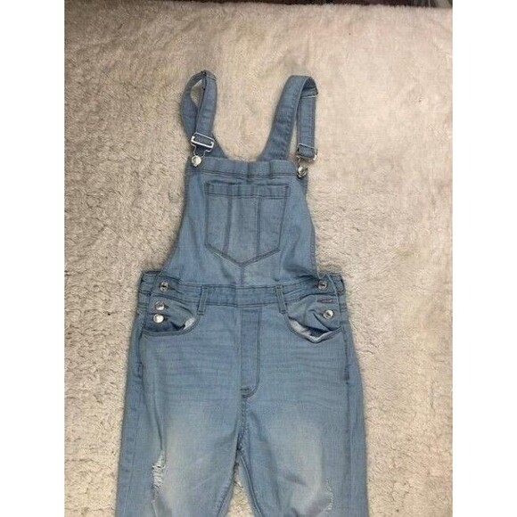 Forever 21 Size 27 Womens Overalls Denim Jean Light Wash Skinny Distress Stretch - Picture 2 of 4